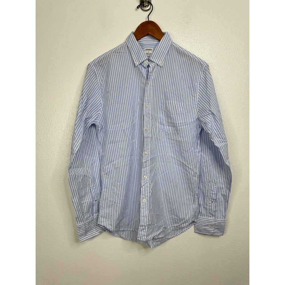 Bonobos Mens Slim Fit Summer Weight Poplin Button Down Shirt Blue White Stripe S